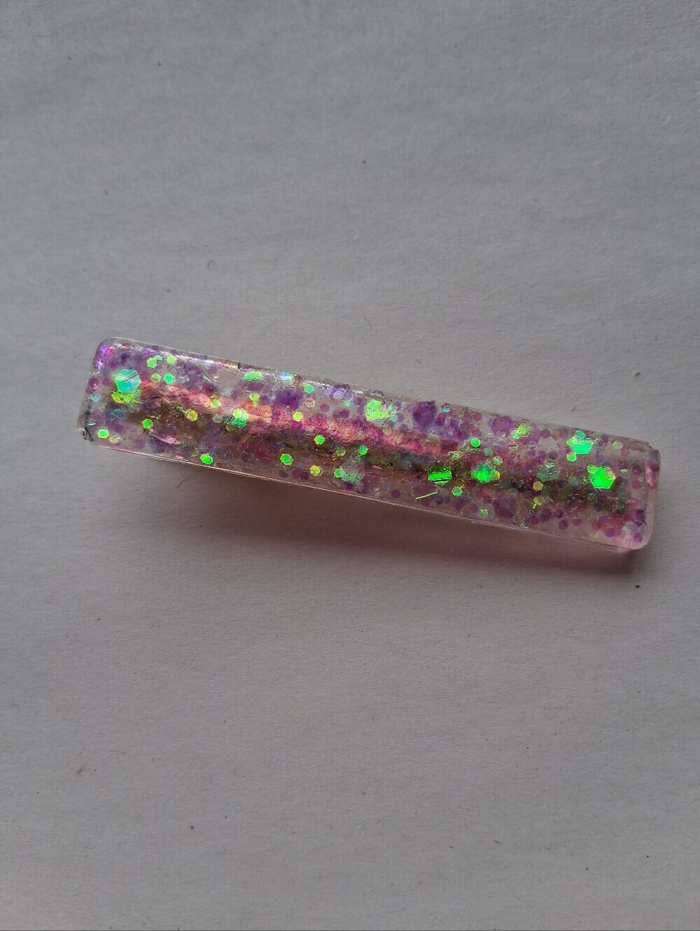 5/$25 Hand Crafted Iridescent Pink & Green Glitter Resin Barrette